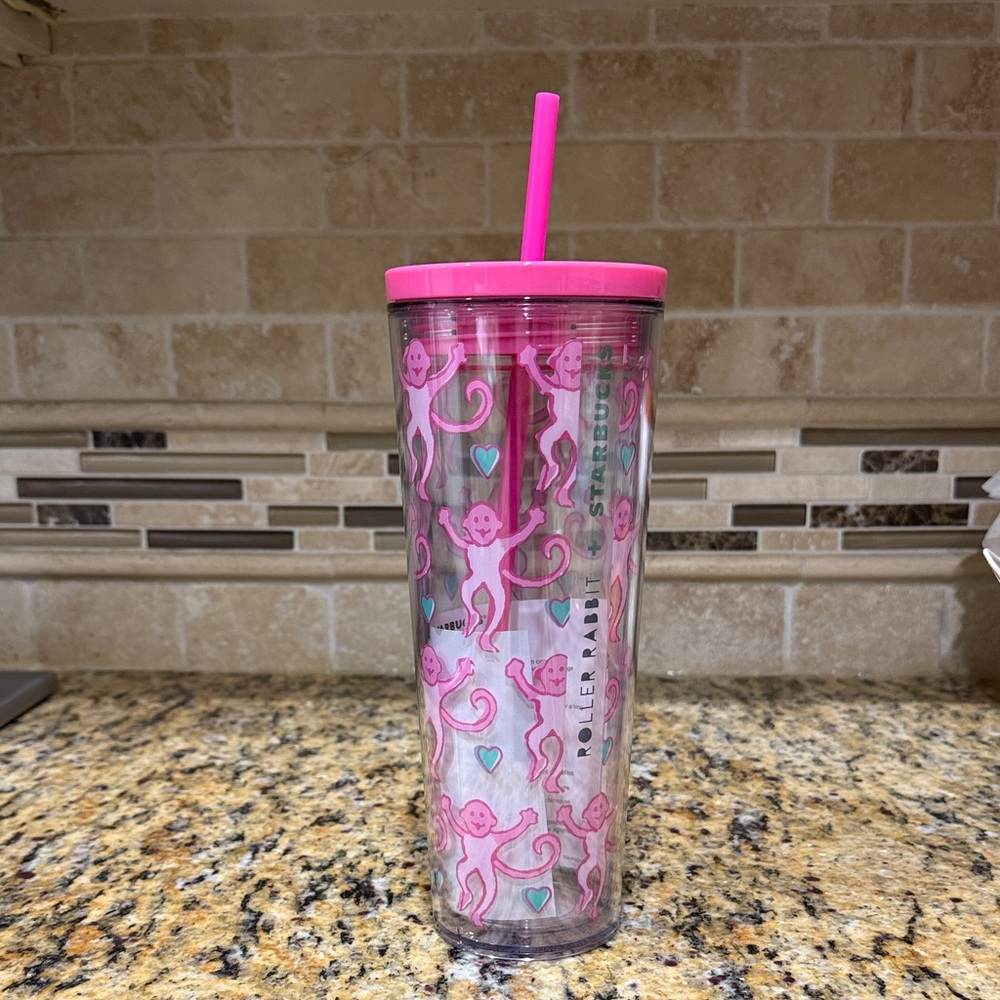 Starbucks Pink roller rabbit limited edition  Monkey Tumbler with Straw 24 oz